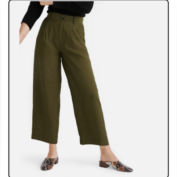MADEWELL WOMEN'S KALE GREEN POCKETS DRAPEY PLEATED WIDE LEG PANTS - Picture 1 of 13